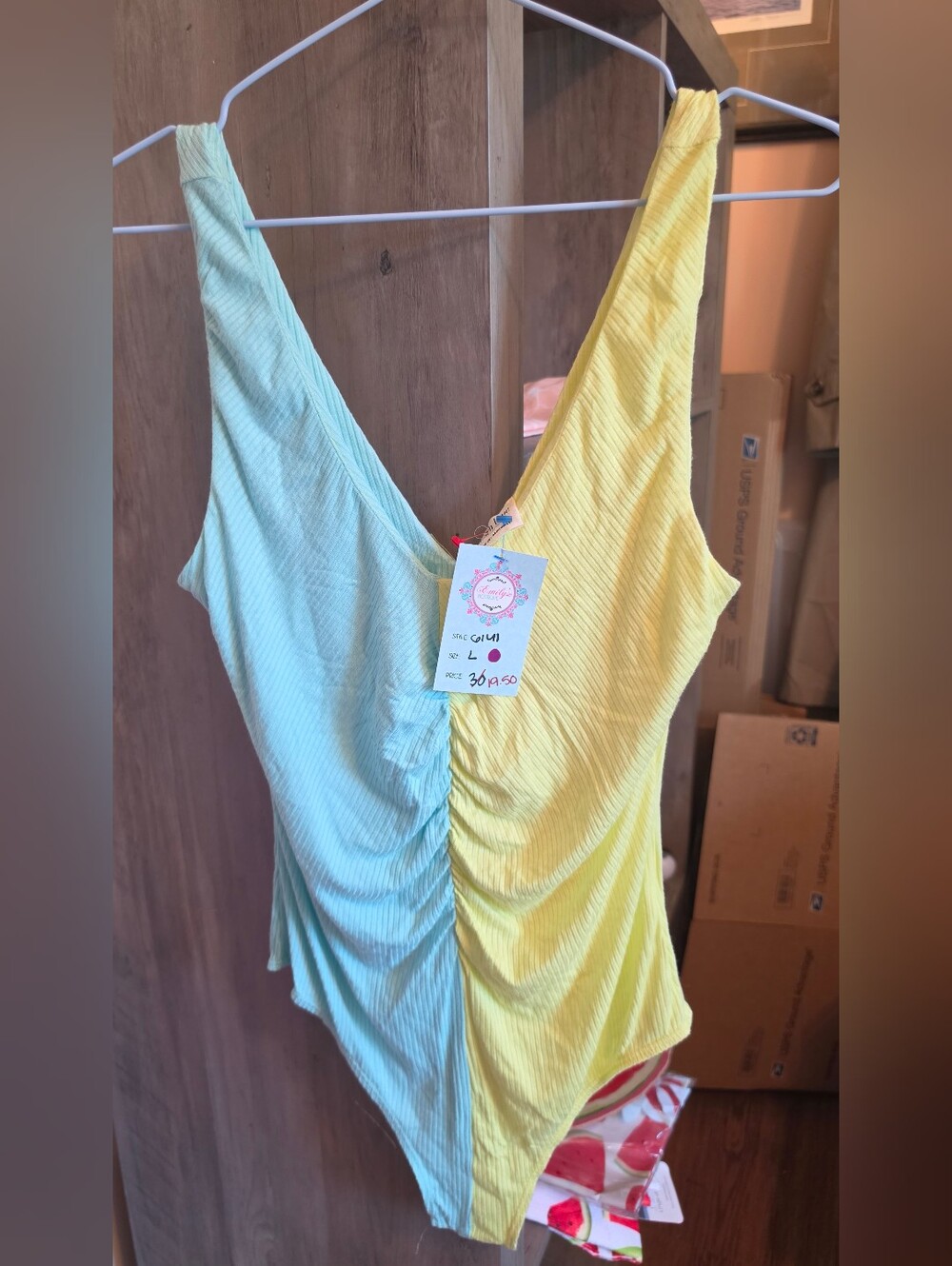 Peach Love California Two-Tone Yellow and Light Blue Ruched V-Neck Bodysuit